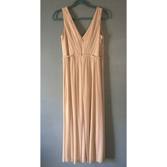Azazie v-neck beige sleeveless gown with 24" left leg slit size A12 - Picture 4 of 5